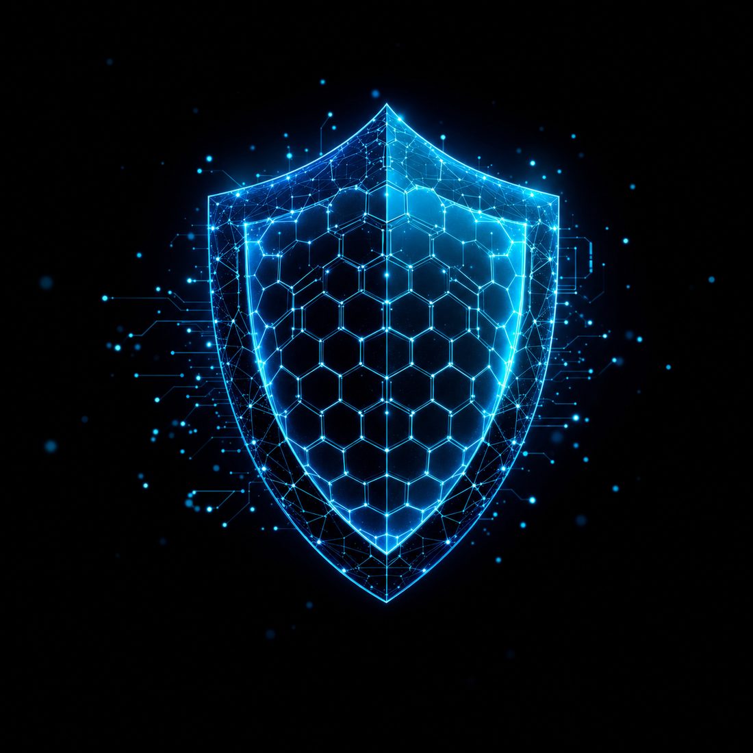 Abstract cyber security shield formed from a glowing digital mesh