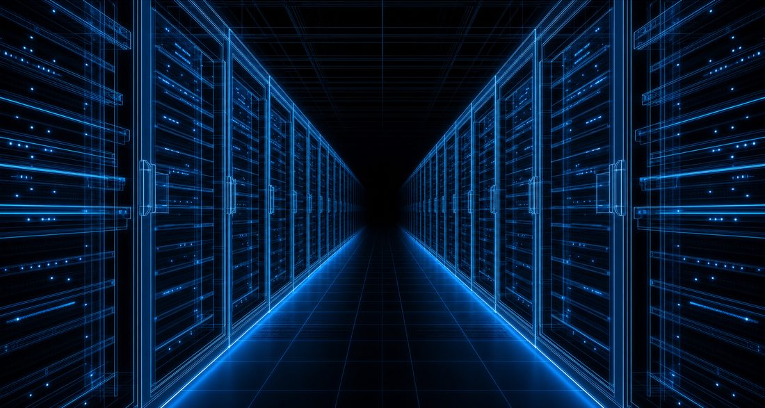 Wireframe visualization of a data center with rows of server racks